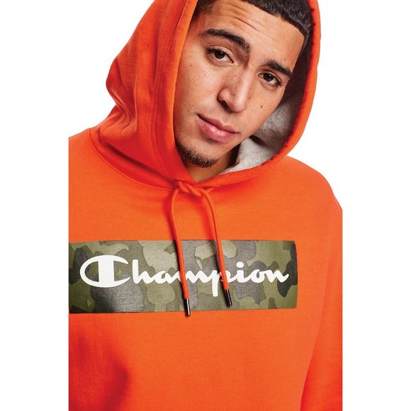 Champion Powerblend Fleece Camo Camouflage Orange Hoodie Sweatshirt Script Logo - Picture 7 of 15